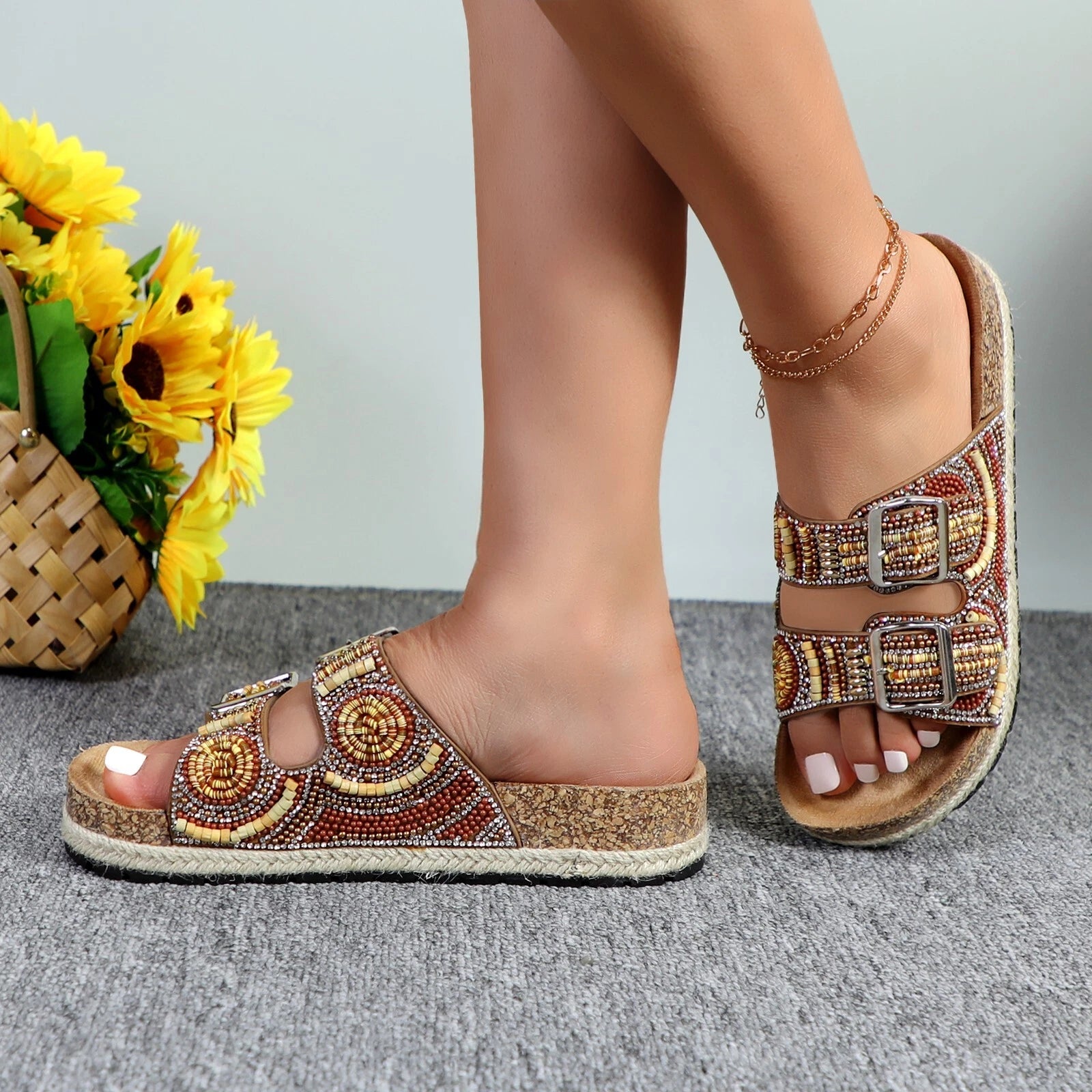 Glaze Women's Beaded Rhinestone Sandal Buckle Cork Footbed Slides Bohemian Style