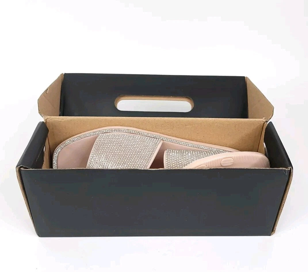 Fashion Nova Sandals Womens 10 w/ Box Flats Silver Rhinestones Slides Slip On