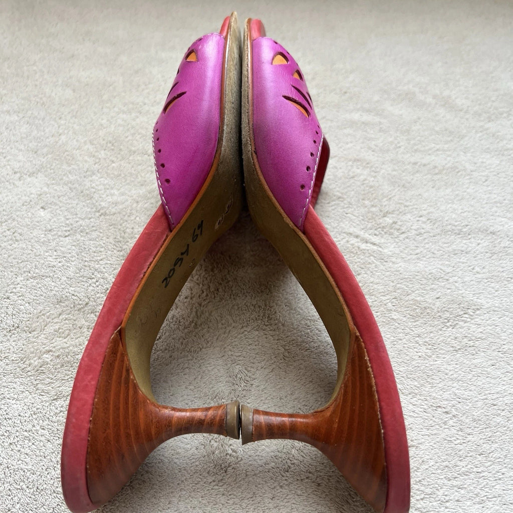 Donald J Pliner Fuschia Pink Orange Leather Kitten Heeled Sandals Women 6.5 Pop