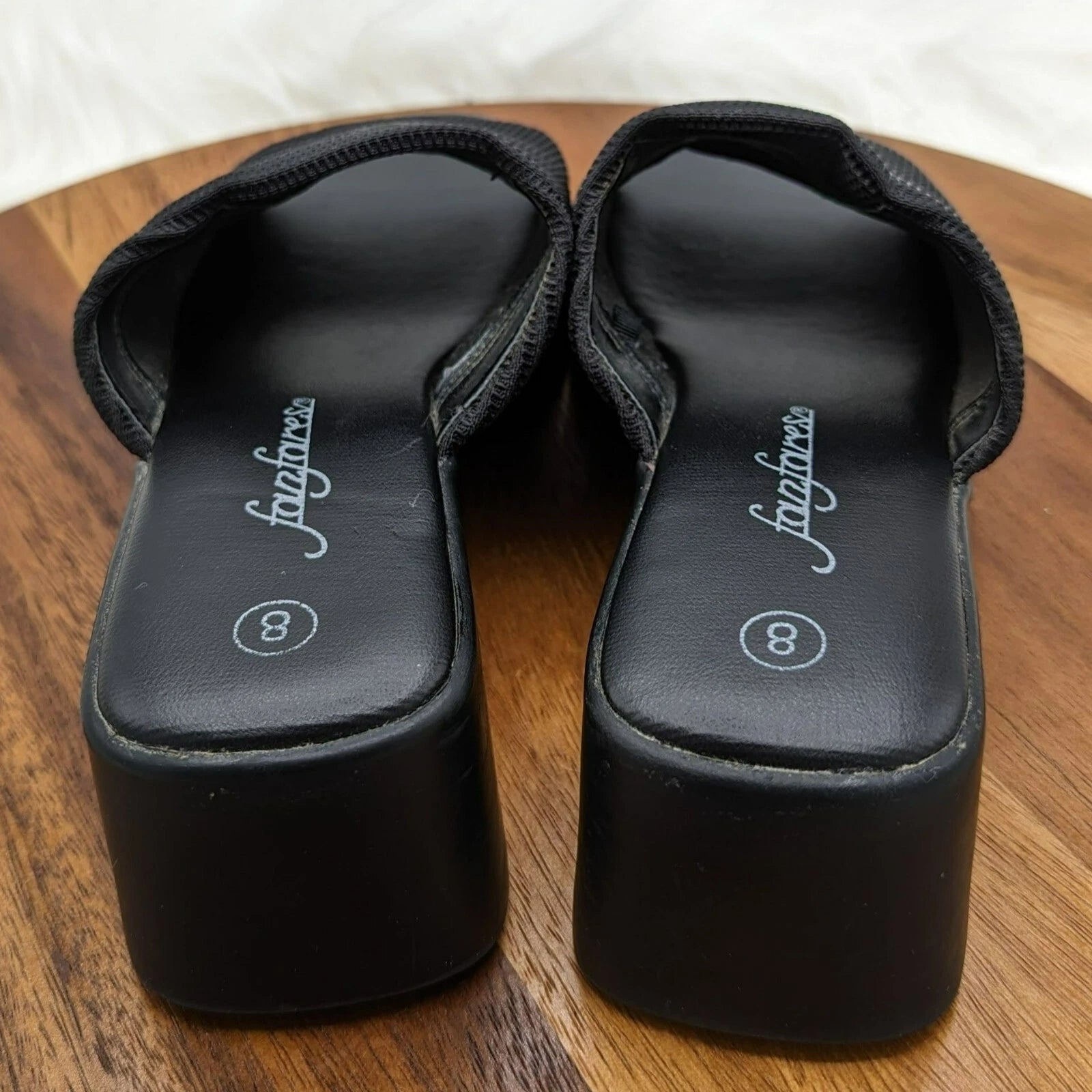 Fanfares Mule Slides Sandals 8 Black Square Toe Stretch Fabric Retro Popular 90s