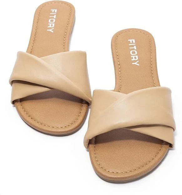 Women's Flat Sandals Fashion Slides With Soft Leather Slippers for Summer US 7