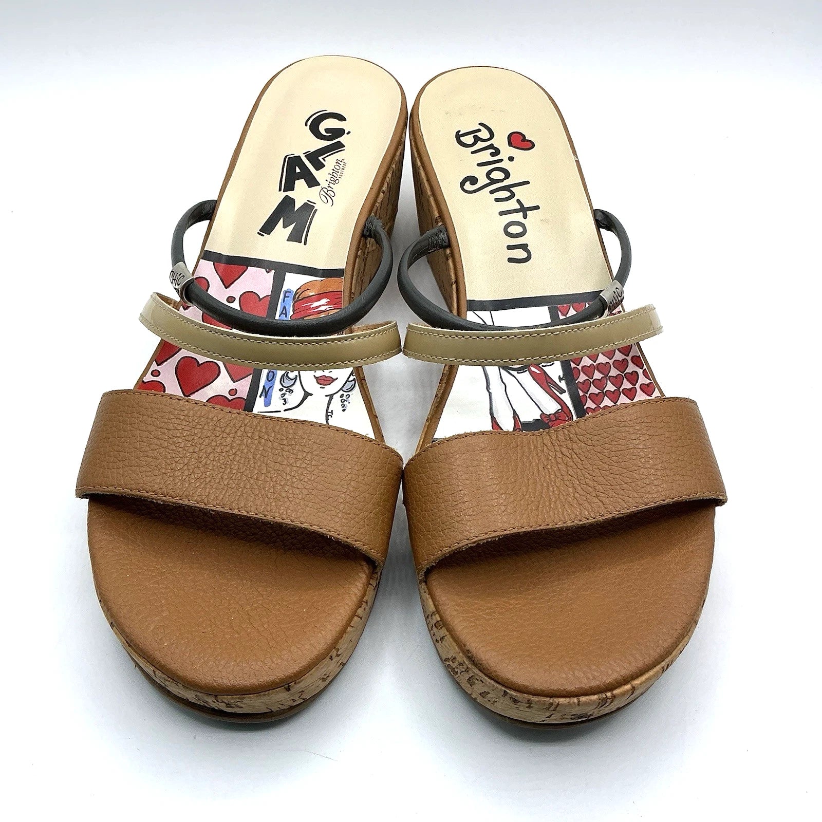 Brighton HARPER Sz 10 Slip On Slides Cork Wedge Sandal Brown Chic Fashion Glam