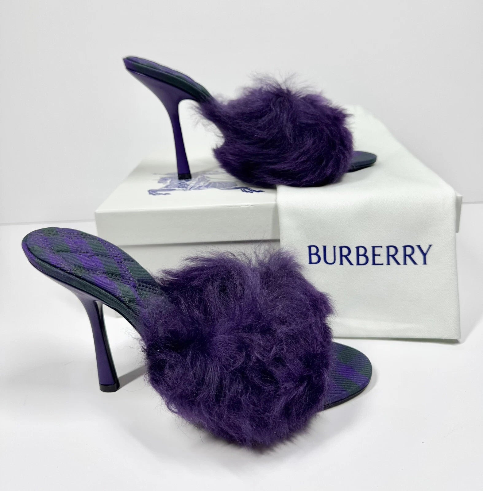 BURBERRY SANDALS MINNIE SHEARLING SLIDE PURPLE STILETTO HEEL WOMENS EU 39 US 9