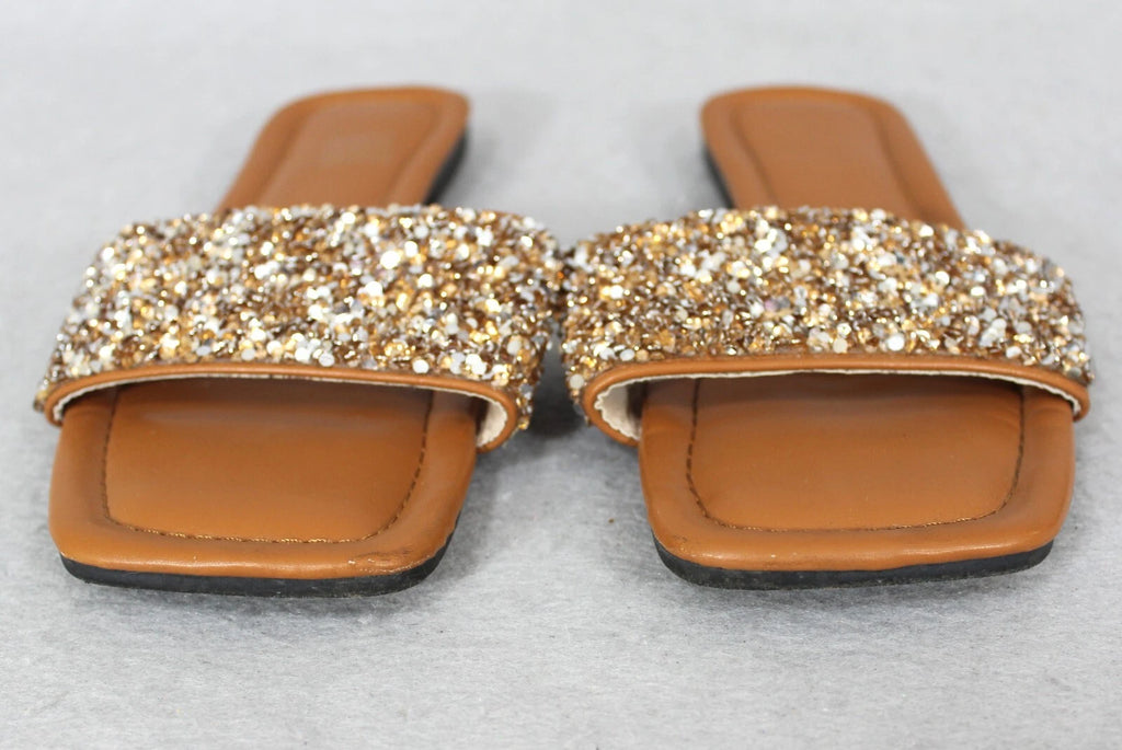 Women's Sandal Slip On Beach Fashion Slides Sq. Toe Rhinestone Sequins 41 9-9.5