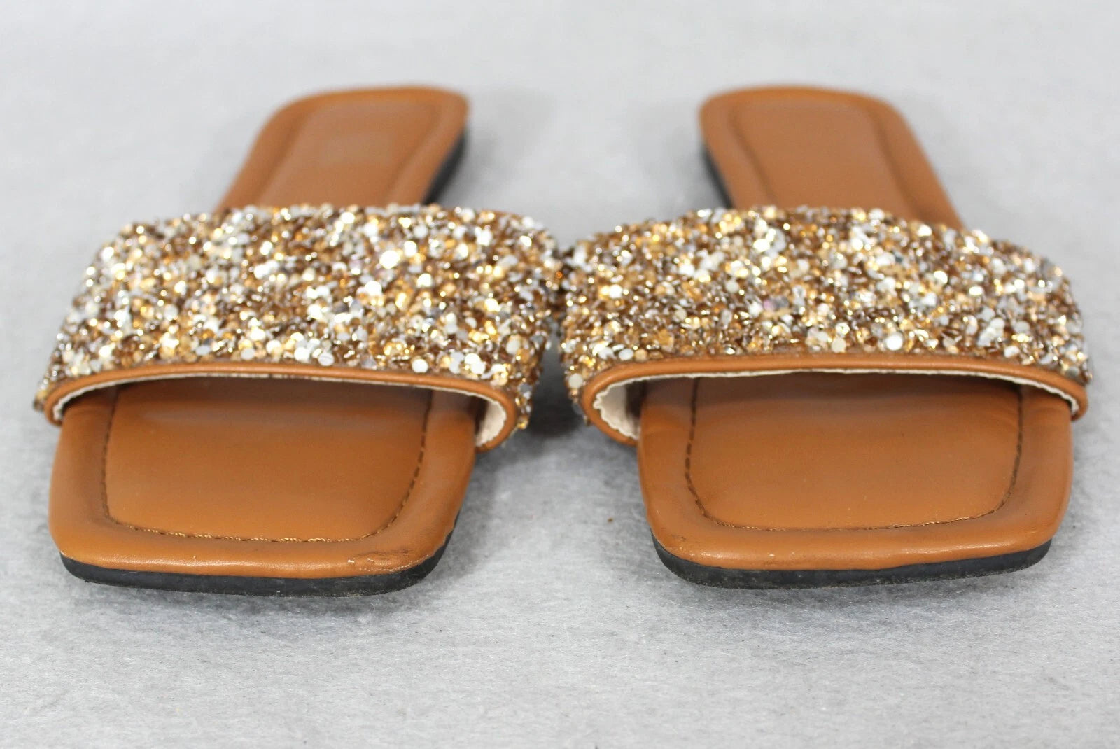 Women's Sandal Slip On Beach Fashion Slides Sq. Toe Rhinestone Sequins 41 9-9.5
