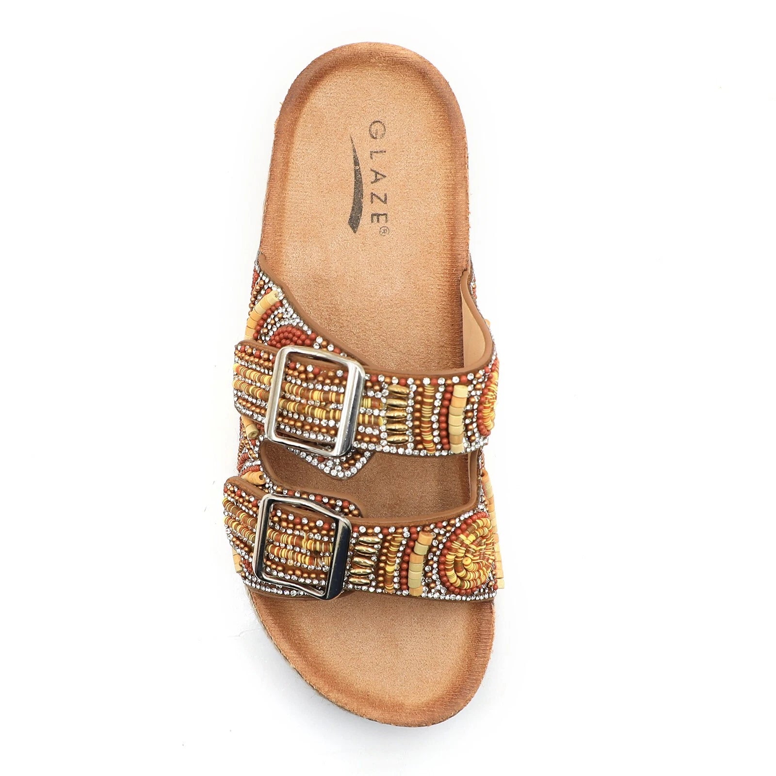 Glaze Women's Beaded Rhinestone Sandal Buckle Cork Footbed Slides Bohemian Style