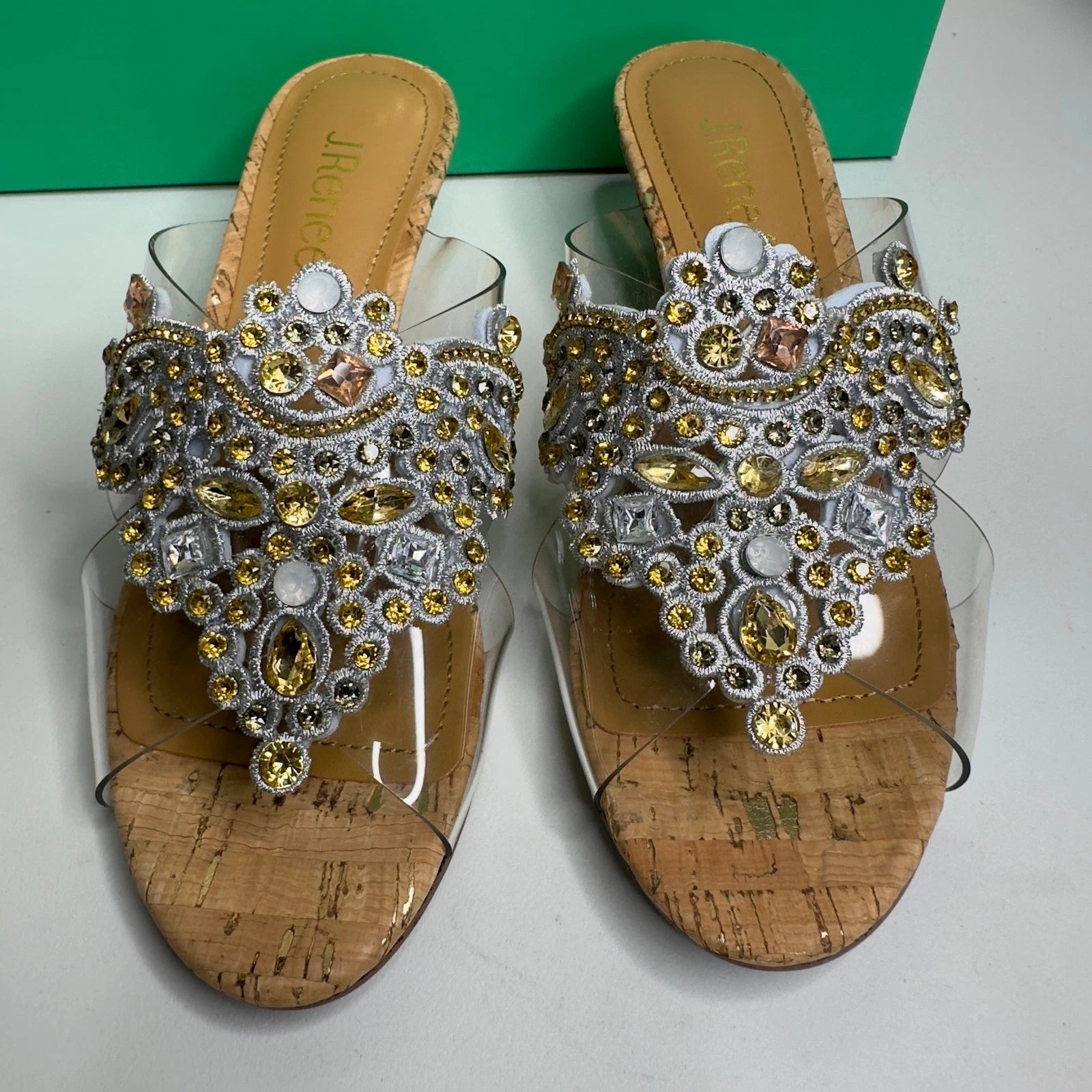 J. Renee Jeweled Cork Wedge Sandals Clear Straps Size 6.5M Party Evening