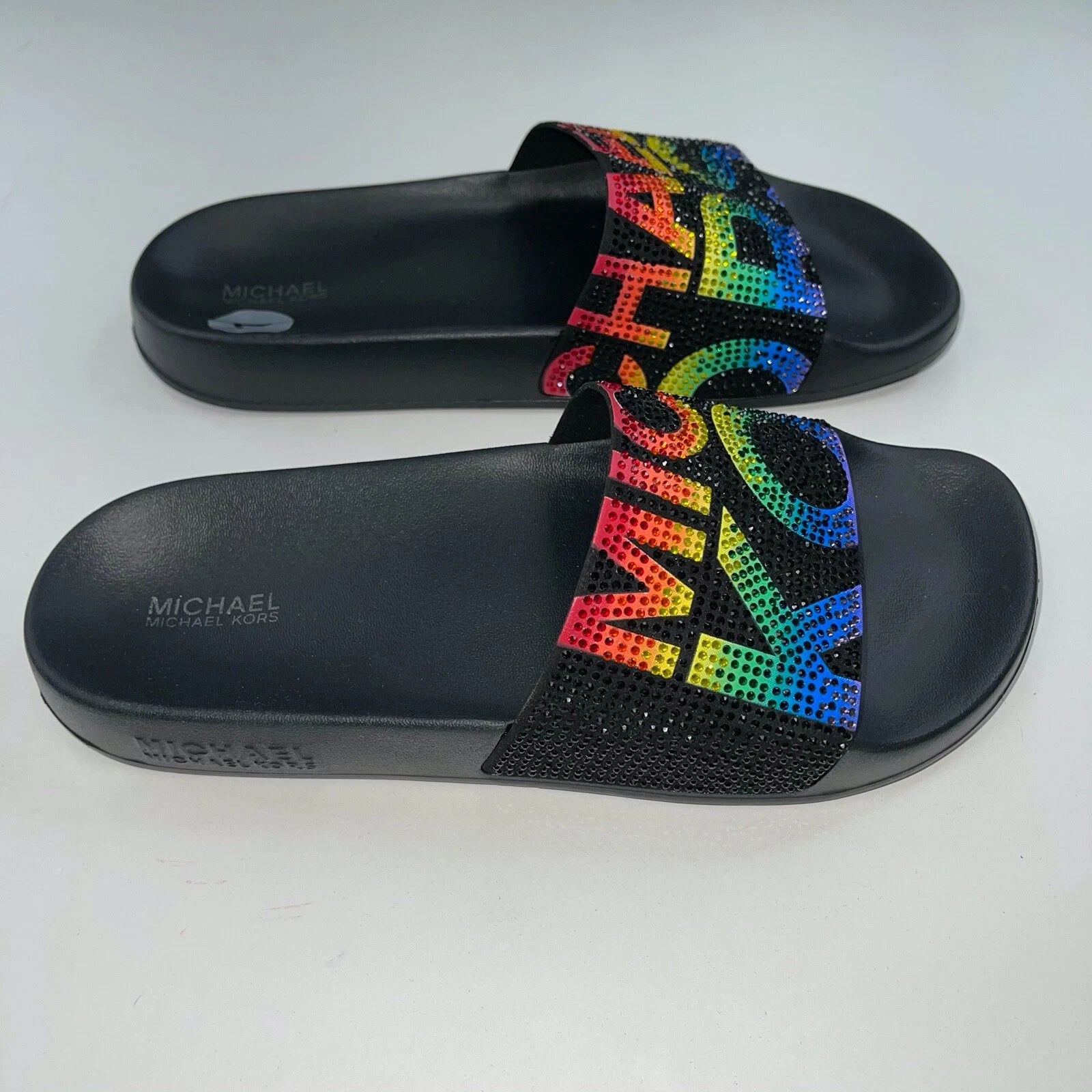 Michael Kors Slides Womens Rhinestones Rainbow Black Bling Sparkly Pride Gilmore