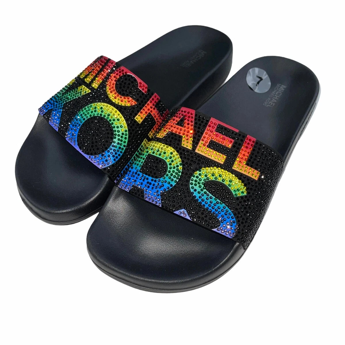 Michael Kors Slides Womens Rhinestones Rainbow Black Bling Sparkly Pride Gilmore