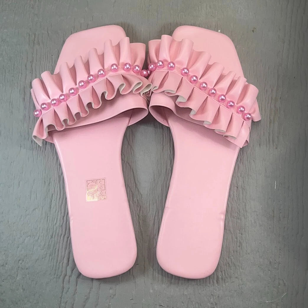 Women's Pearls Pink Ruffles Flat Dressy Sandals Fashion Square Toe Summer Beach