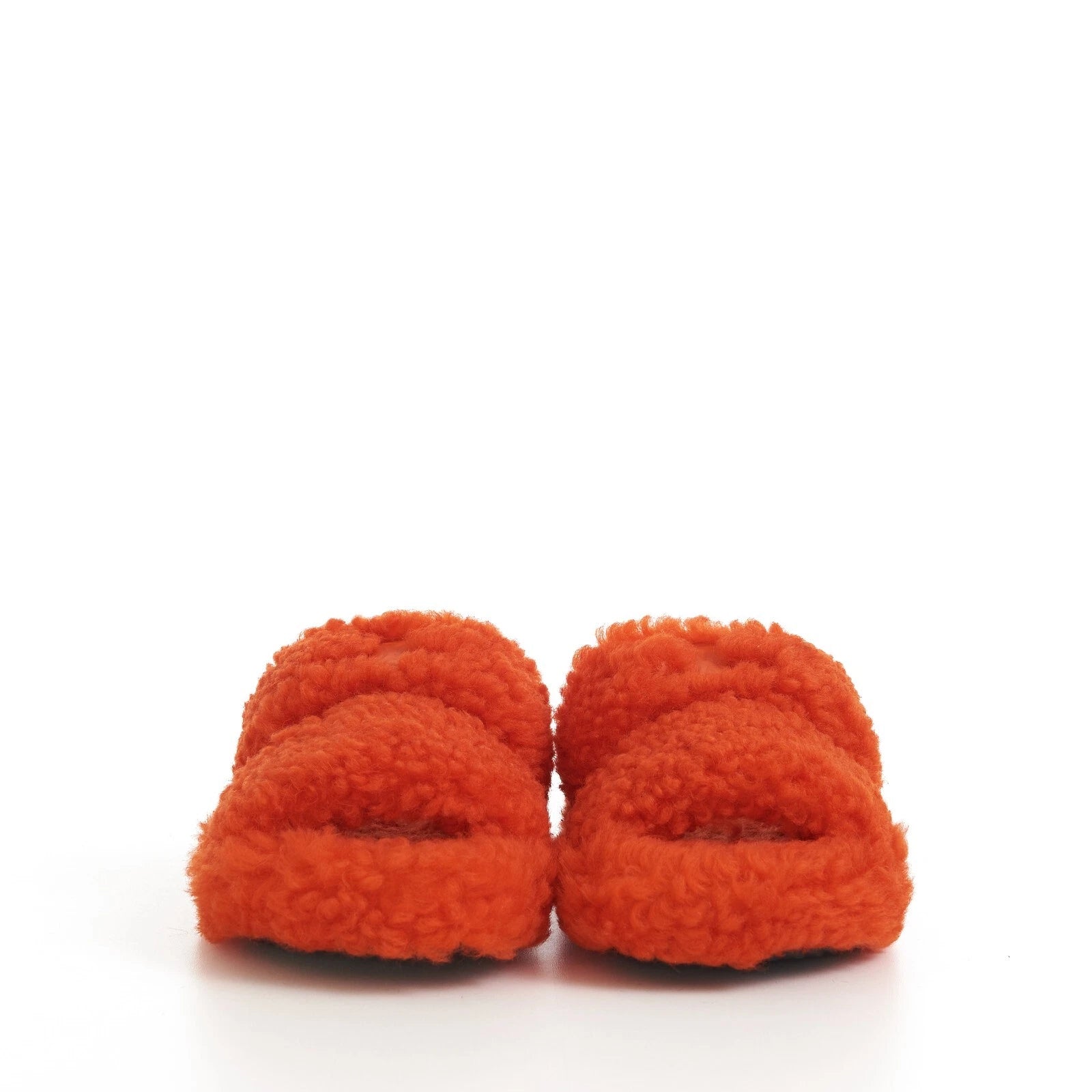 CELINE 730$ Fluffy Shearling Triomphe Fur Slide Sandals - Bright Orange, Patch