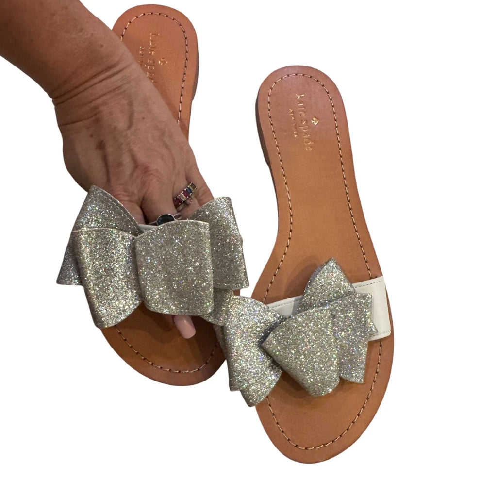 Kate Spade Cicely  Glitter Bow Slide Sandals Silver Size 11 women's EUC