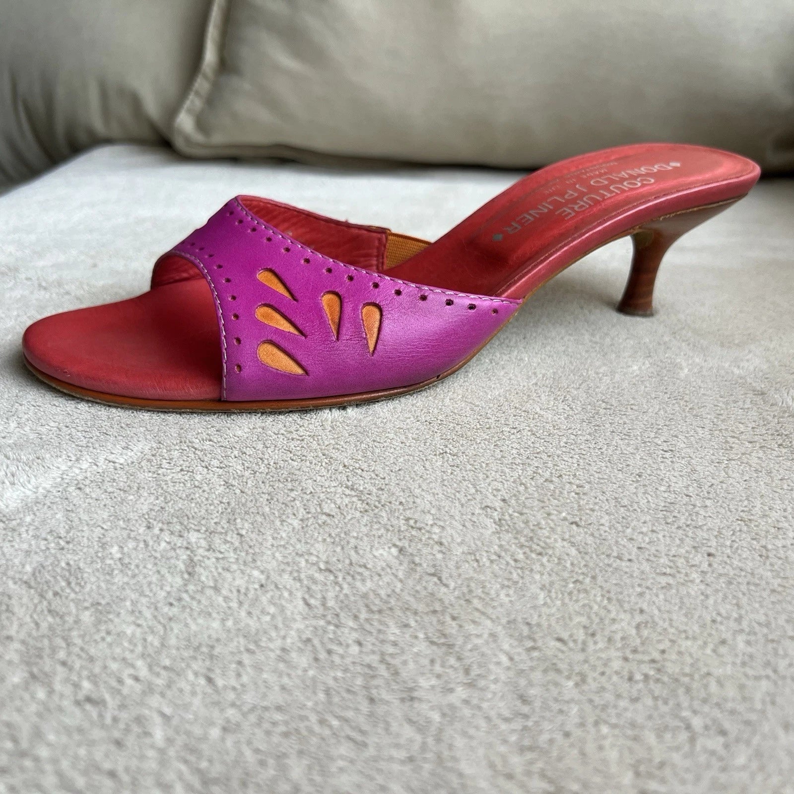 Donald J Pliner Fuschia Pink Orange Leather Kitten Heeled Sandals Women 6.5 Pop