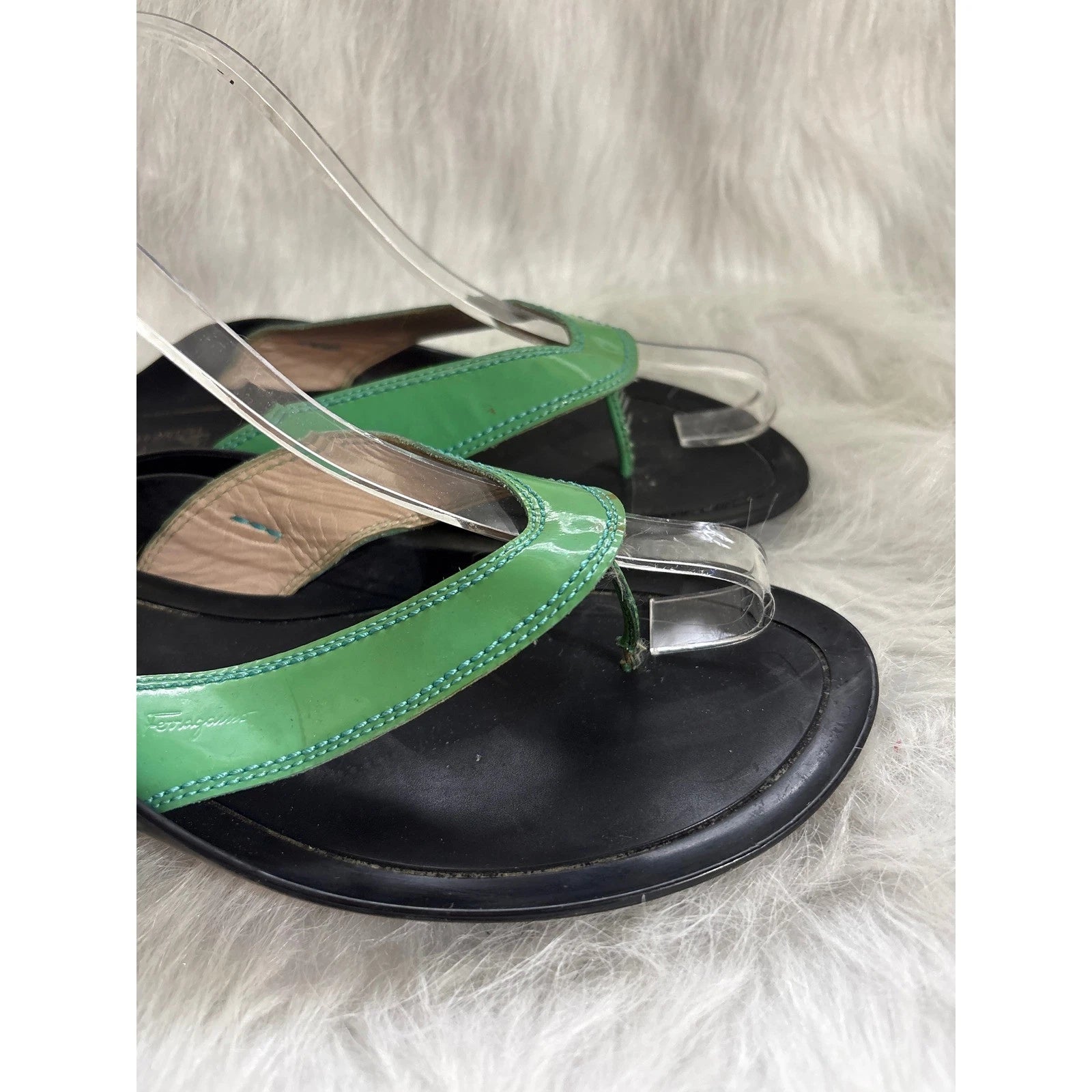 Salvatore Ferragamo Women's Sandals Thong Slide Leather Green Patent Size 8