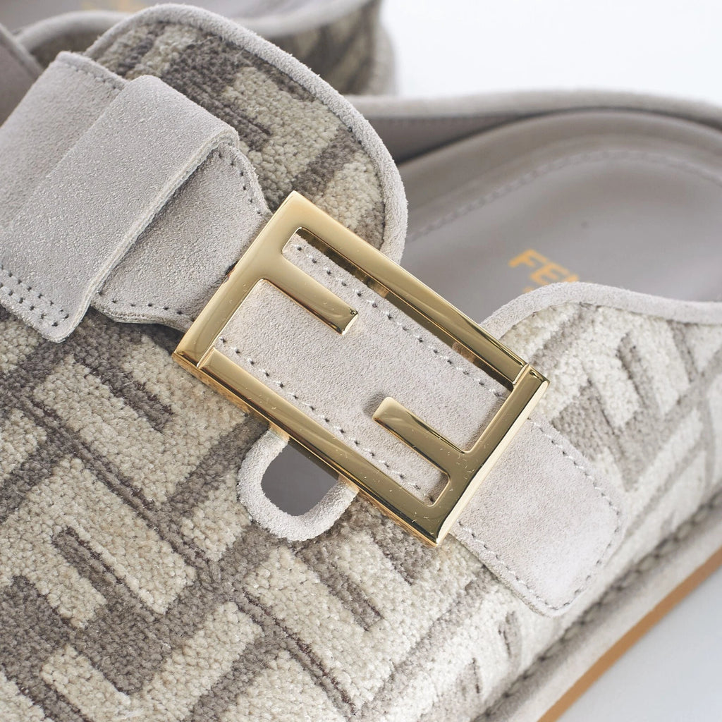 FENDI 995$ Dove Gray Chenille Sabots Sandals - FF Motif / FF Buckle