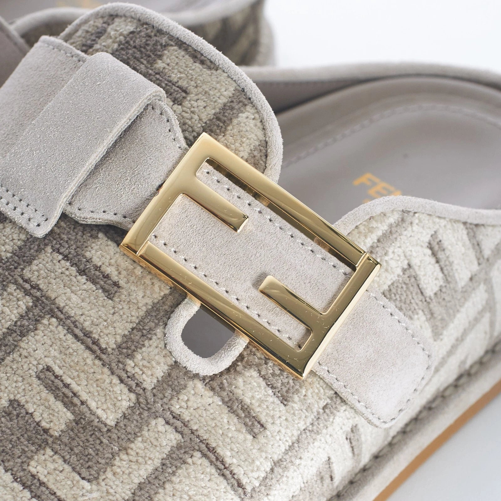 FENDI 995$ Dove Gray Chenille Sabots Sandals - FF Motif / FF Buckle