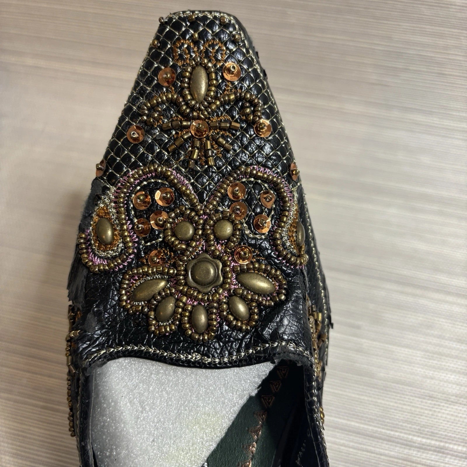 John Fashion Black Boho Beaded Sequin Slide Slip on Dress Shoes Size 9 NEW