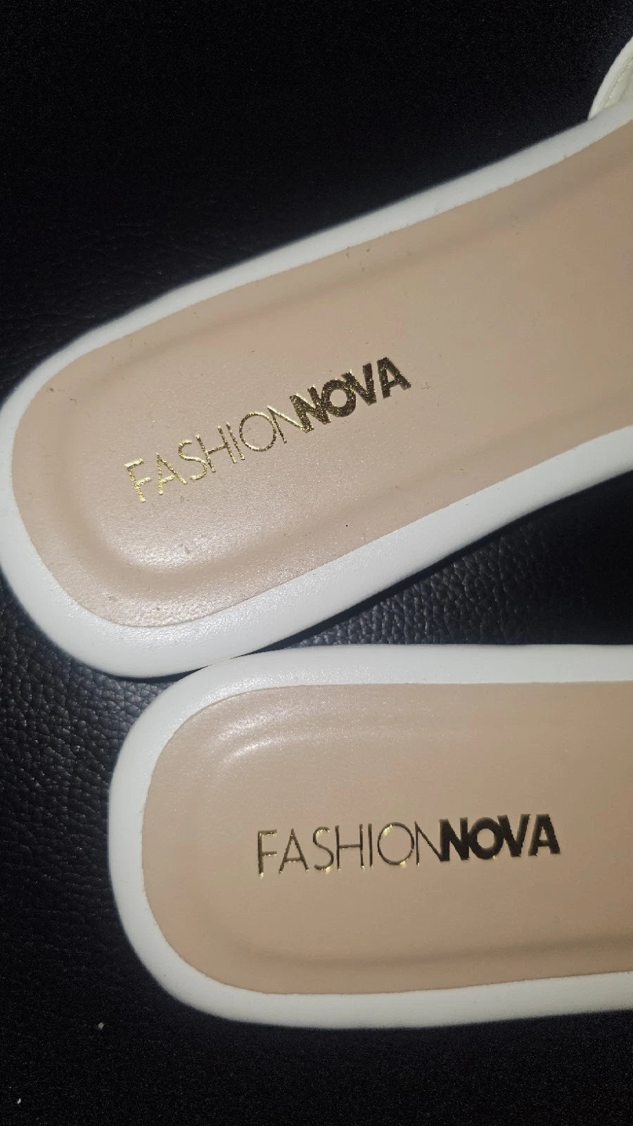 Fashion Nova White Slide Sandals with Gold Chain Detail