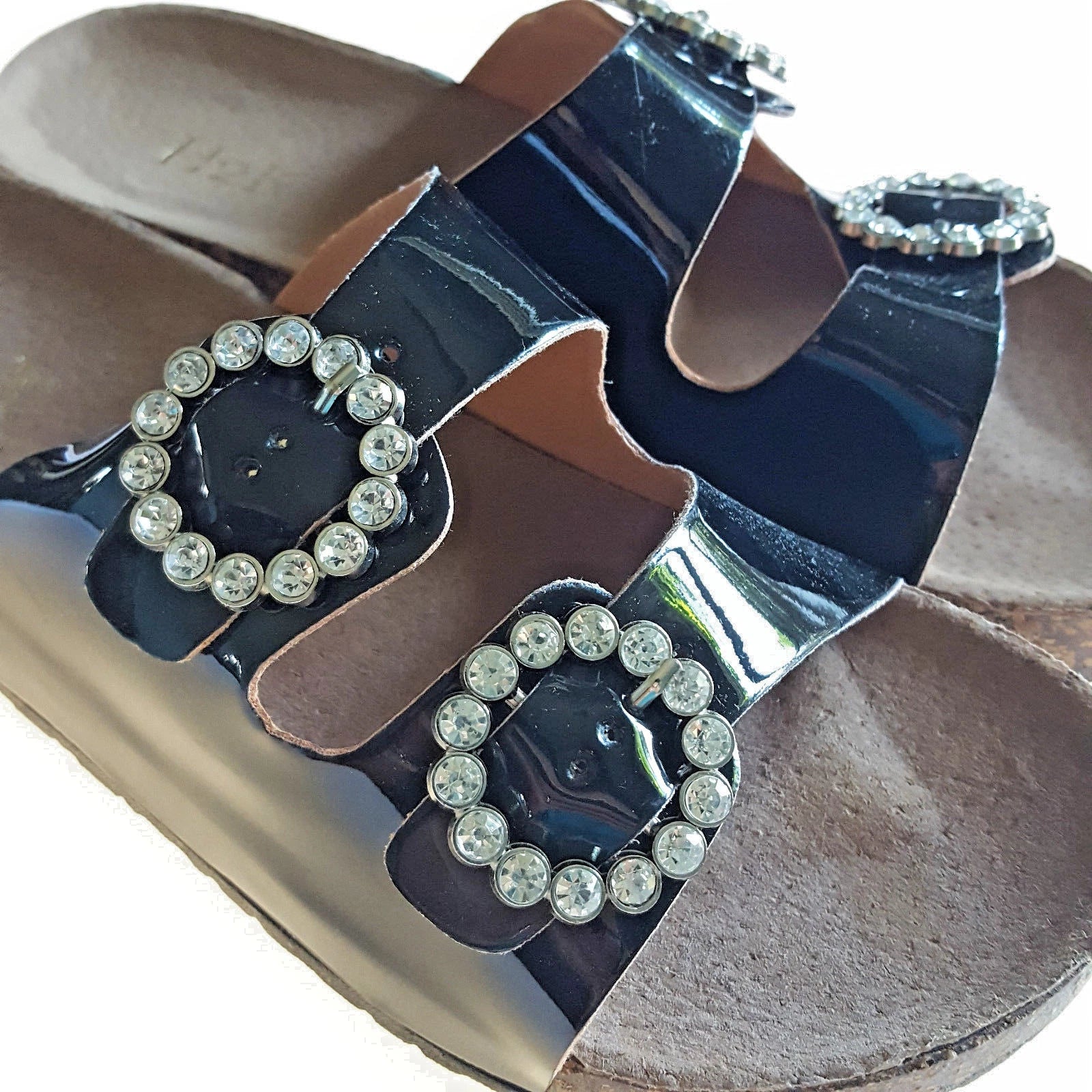H2K KAREN STONE Buckle Ornament Black Fashion Slides Flip Flops Sandals Bling