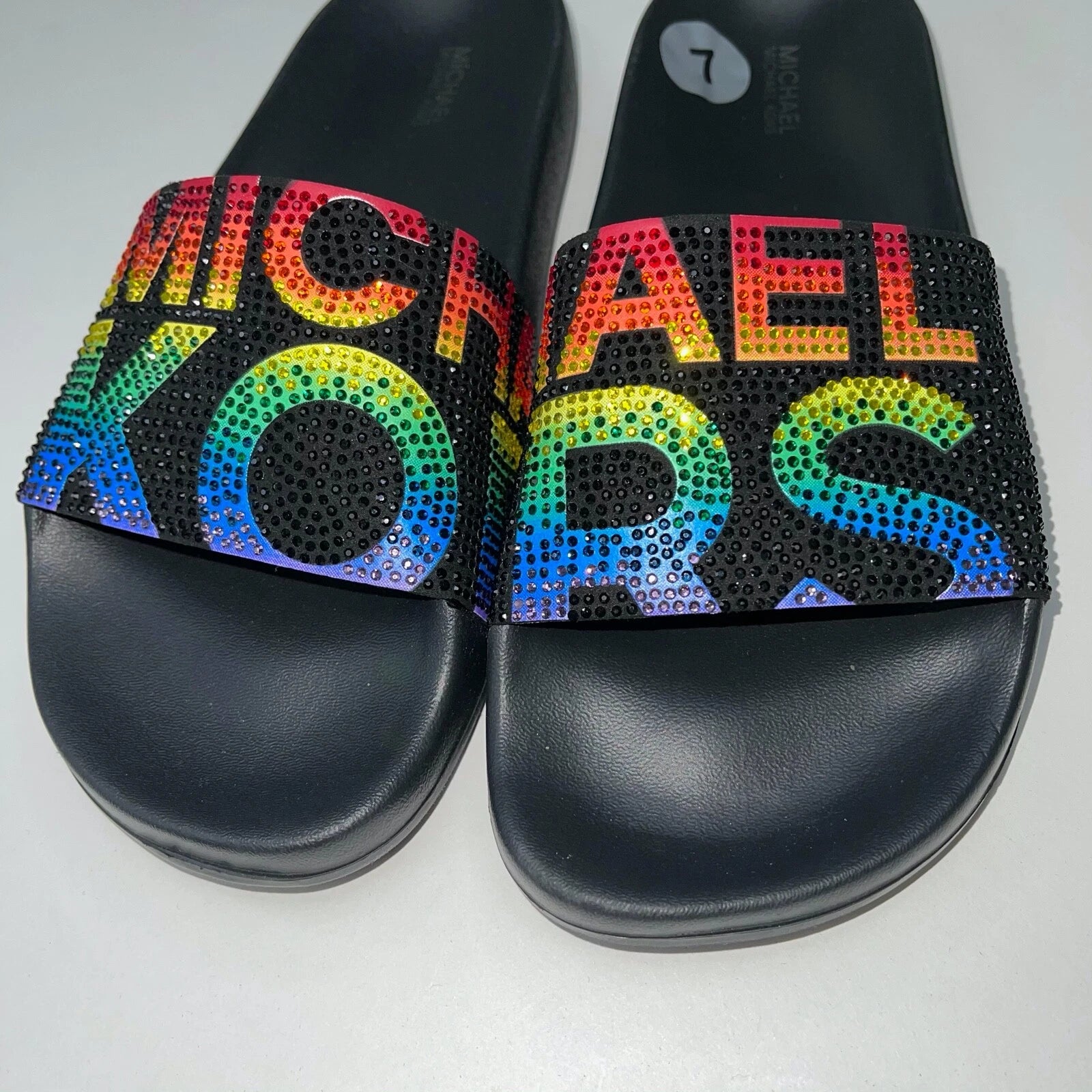 Michael Kors Slides Womens Rhinestones Rainbow Black Bling Sparkly Pride Gilmore