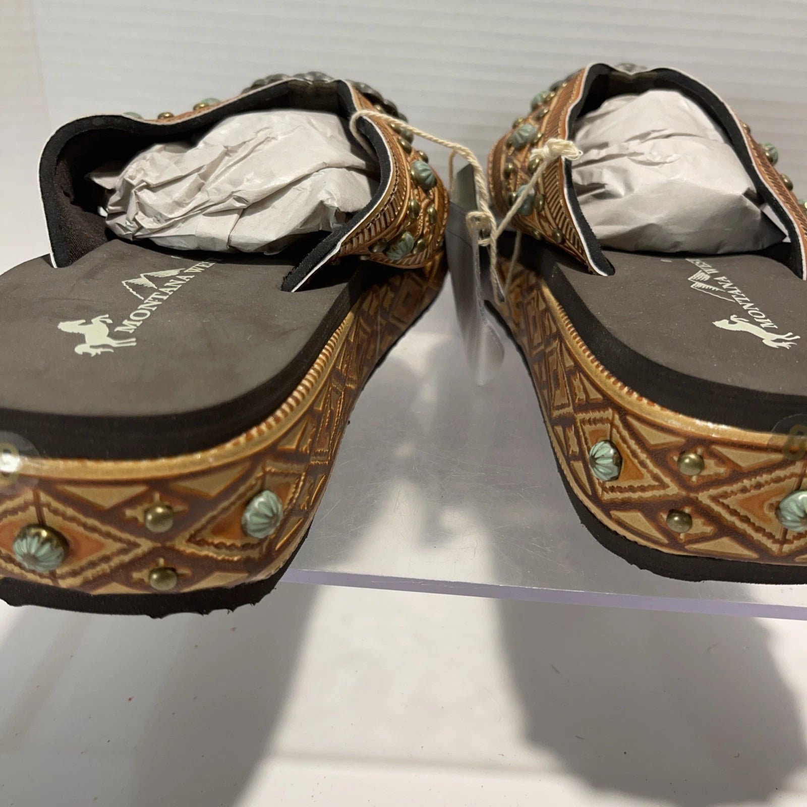 Montana West Tan/Brown Embossed Studs Western Style Wedge Sandals Sz8-8.5