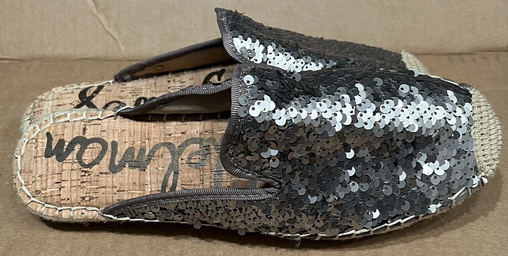 Sam Edelman Kerry Slip On Espadrille Slide Mule Flats Pewter Sequins. NWOB