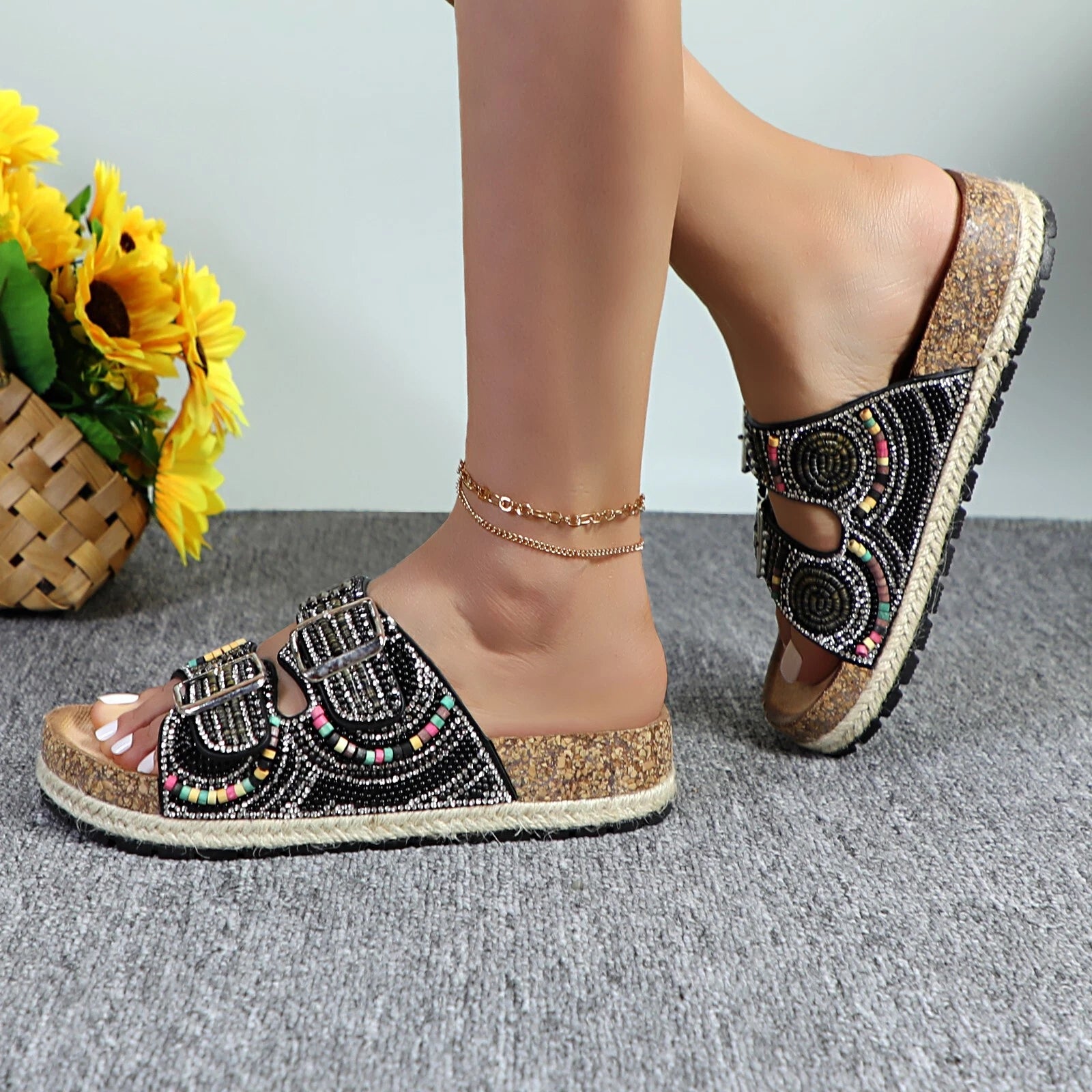 Glaze Women's Beaded Rhinestone Sandal Buckle Cork Footbed Slides Bohemian Style