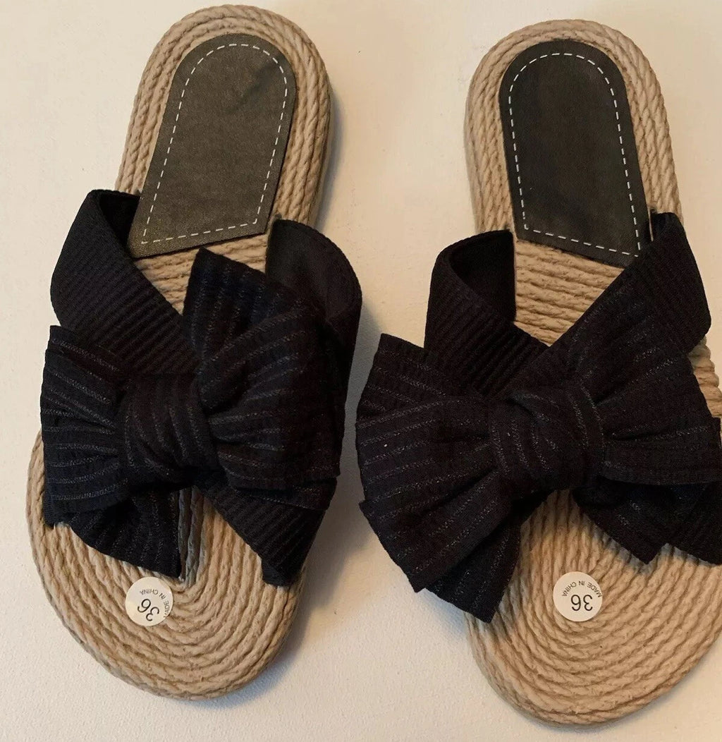 Women Black Bow Decor Straps Slides Fashionable Toe Flat Sandals Size 5.5 US