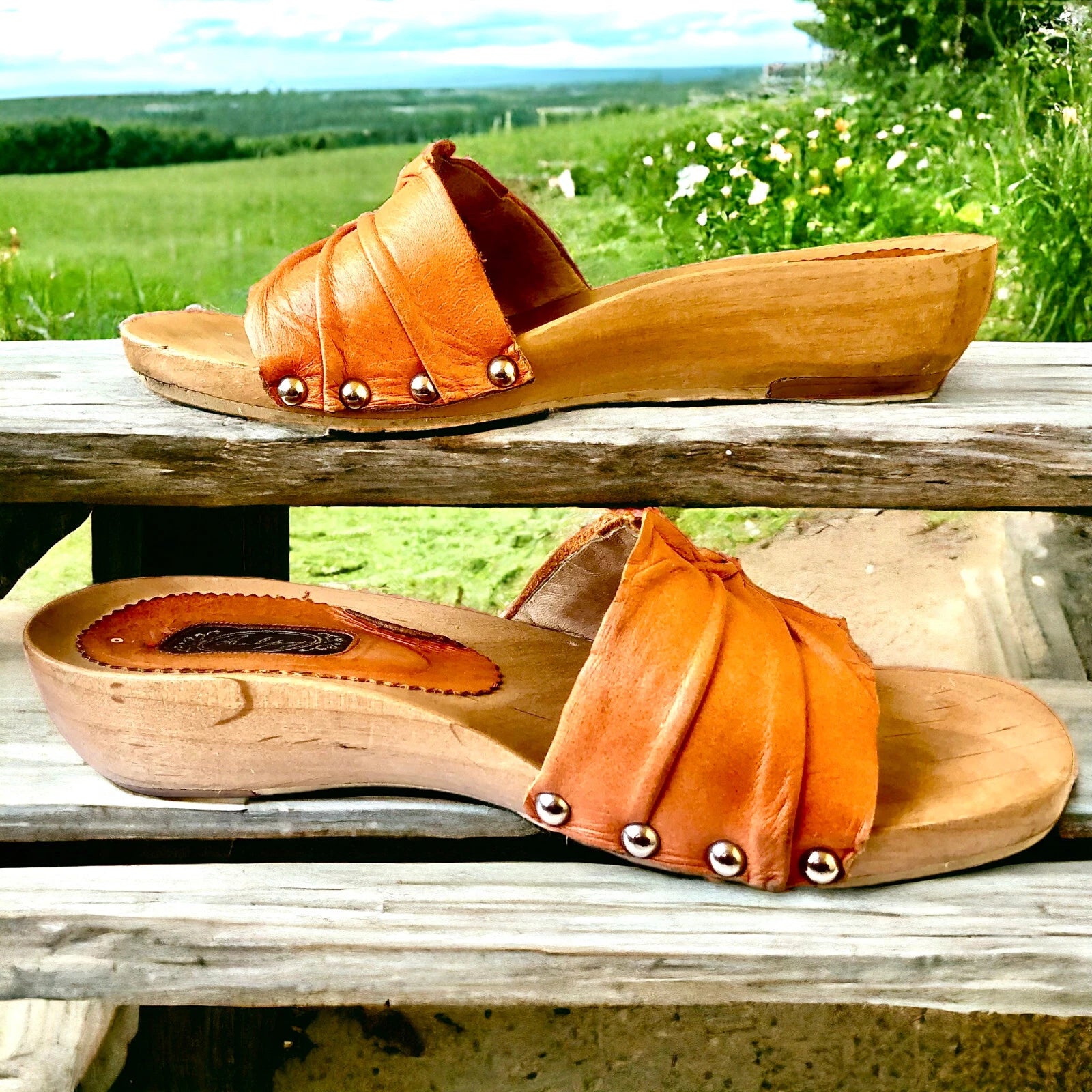 SALPY Handmade Shoes Orange Leather Wooden Mule Style Anna Womens size 7