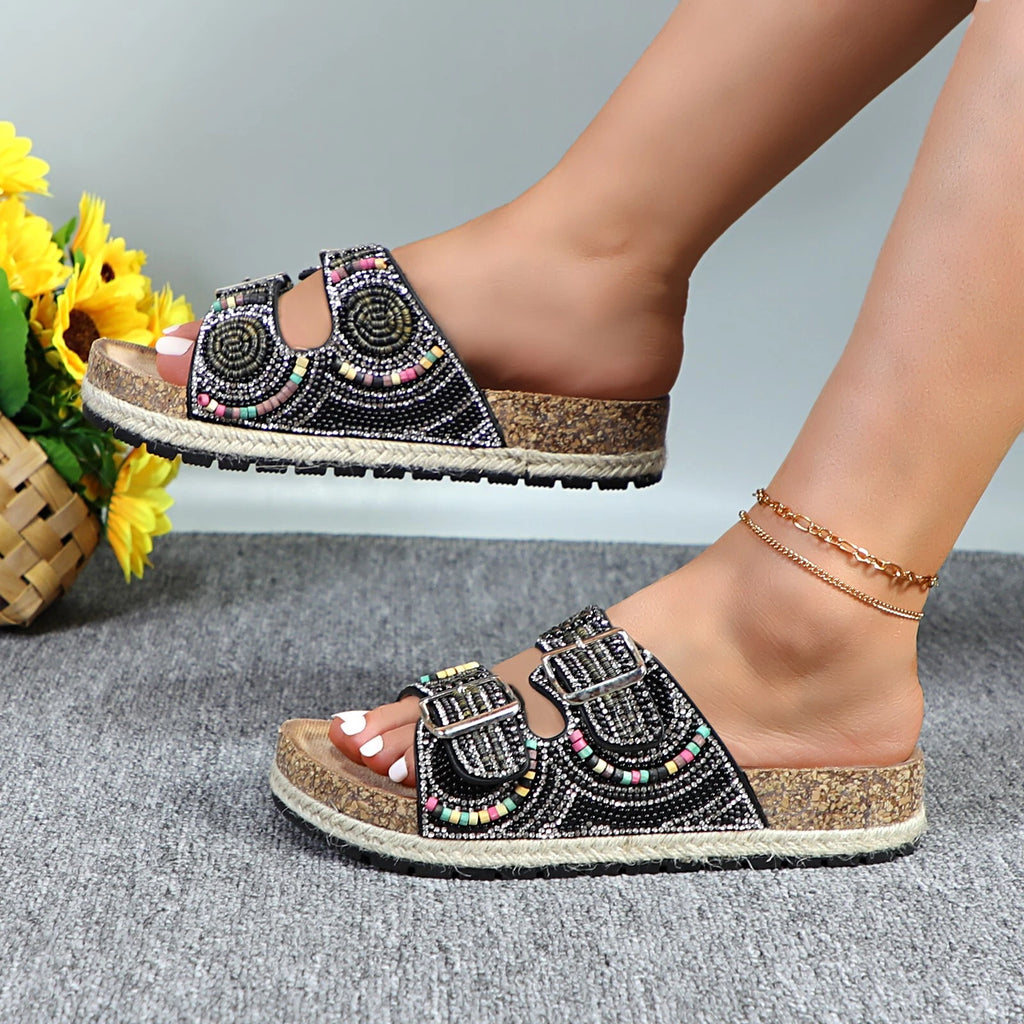 Glaze Women's Beaded Rhinestone Sandal Buckle Cork Footbed Slides Bohemian Style