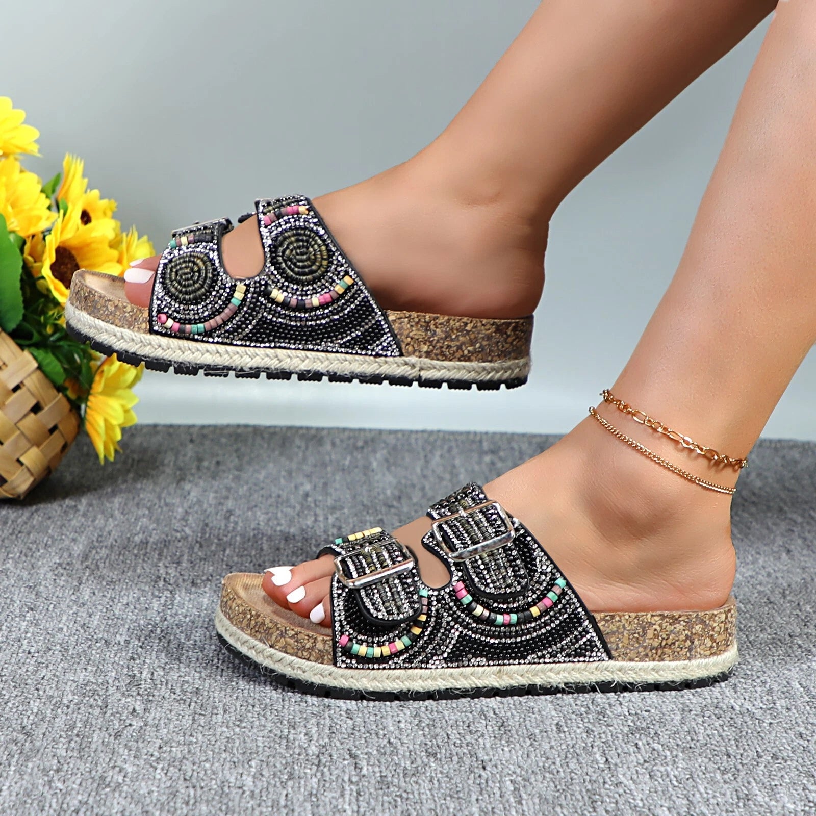 Glaze Women's Beaded Rhinestone Sandal Buckle Cork Footbed Slides Bohemian Style