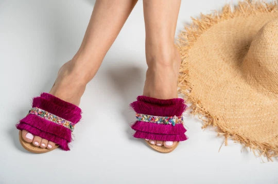 Ancient Greek style natural flat real leather fringe slide sandals handmade