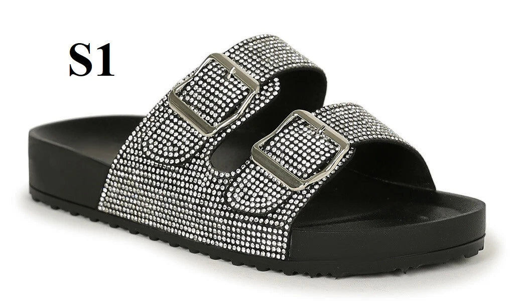 KARAUSA Fashion Bling Rhinestone  2 Buckles Sandal Slides, go to'KARAUSA' store