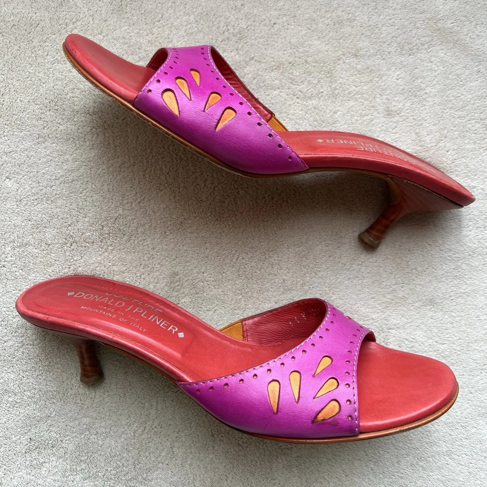 Donald J Pliner Fuschia Pink Orange Leather Kitten Heeled Sandals Women 6.5 Pop