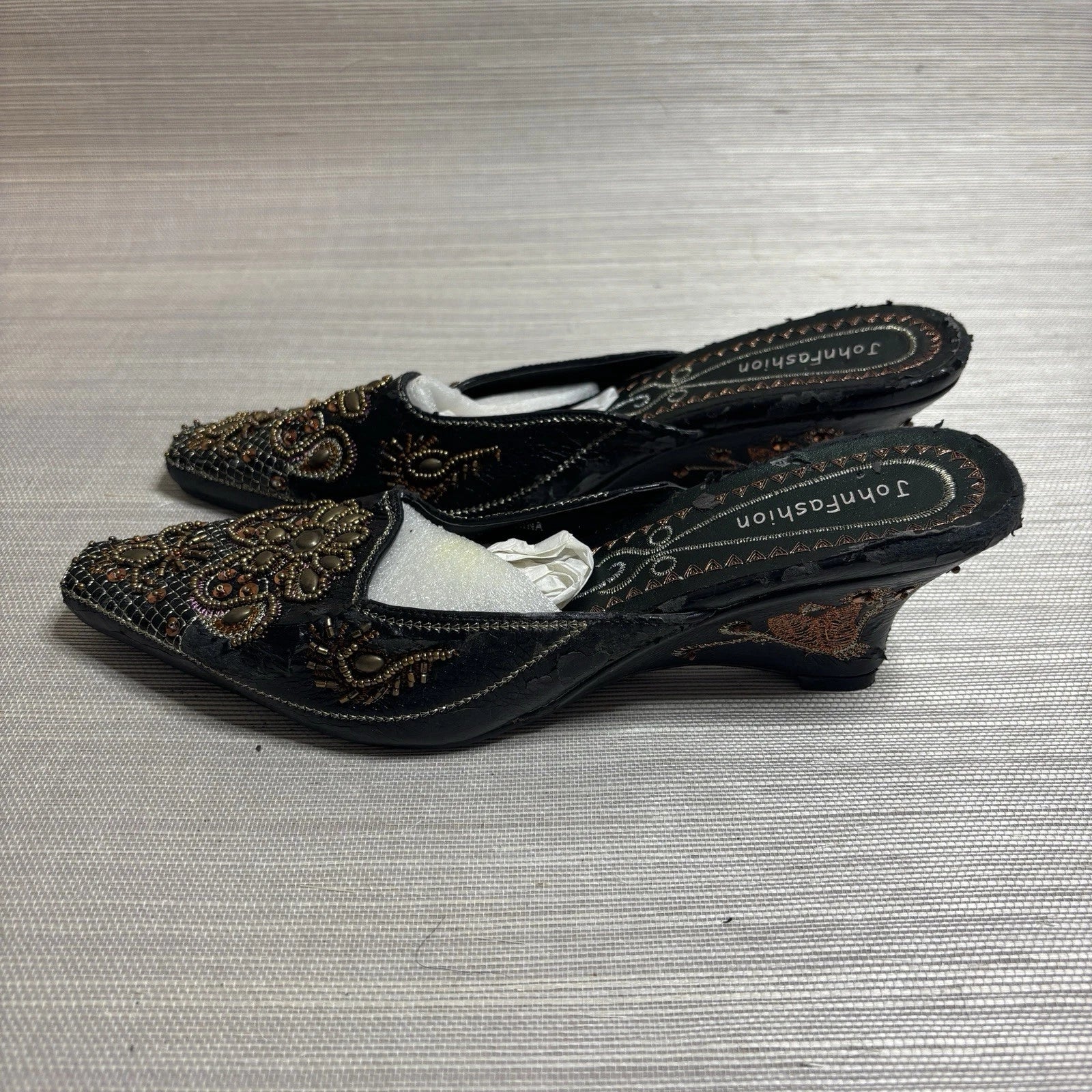 John Fashion Black Boho Beaded Sequin Slide Slip on Dress Shoes Size 9 NEW