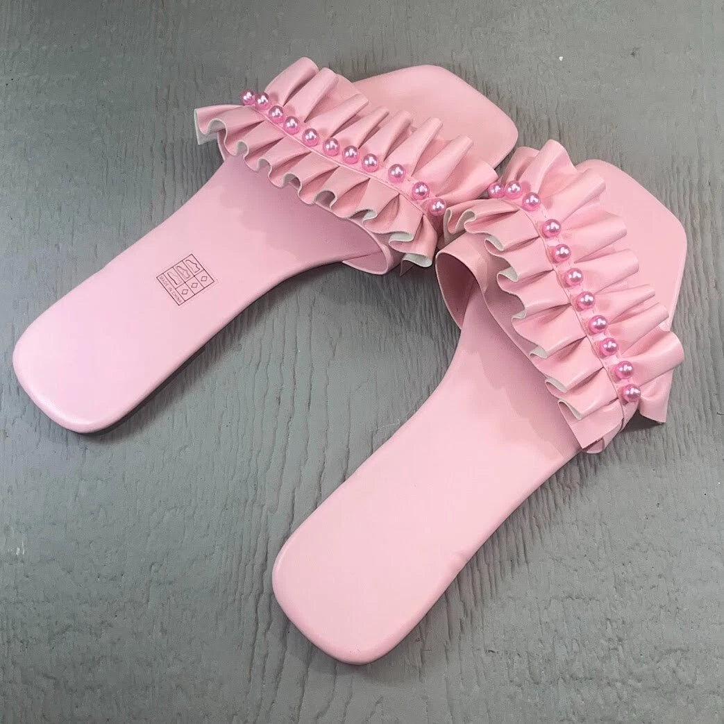 Women's Pearls Pink Ruffles Flat Dressy Sandals Fashion Square Toe Summer Beach