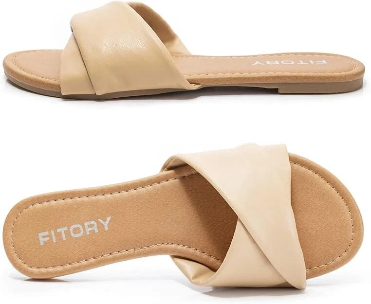 Women's Flat Sandals Fashion Slides With Soft Leather Slippers for Summer US 7