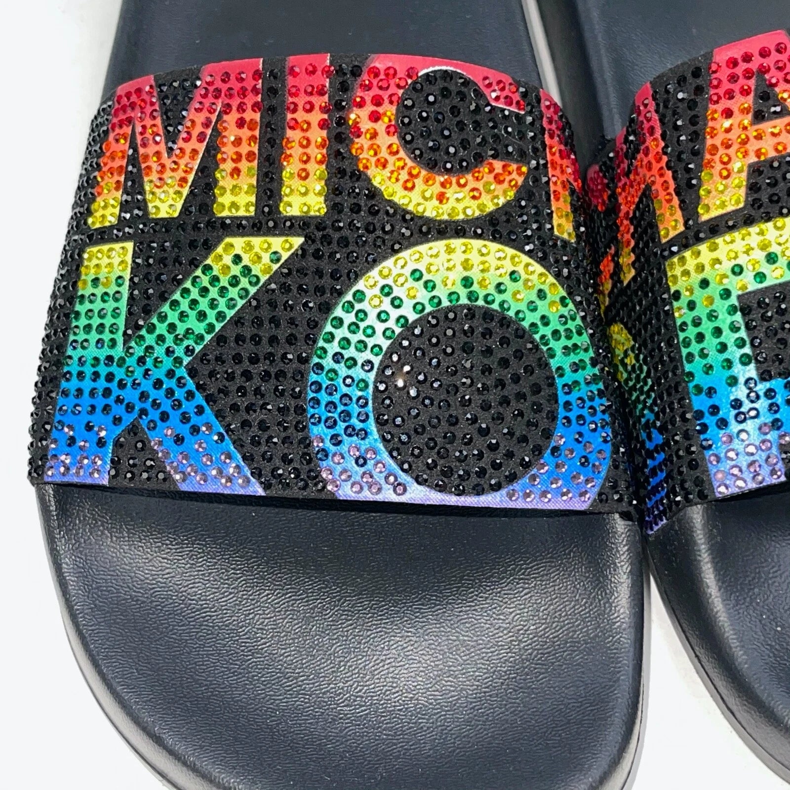 Michael Kors Slides Womens Rhinestones Rainbow Black Bling Sparkly Pride Gilmore