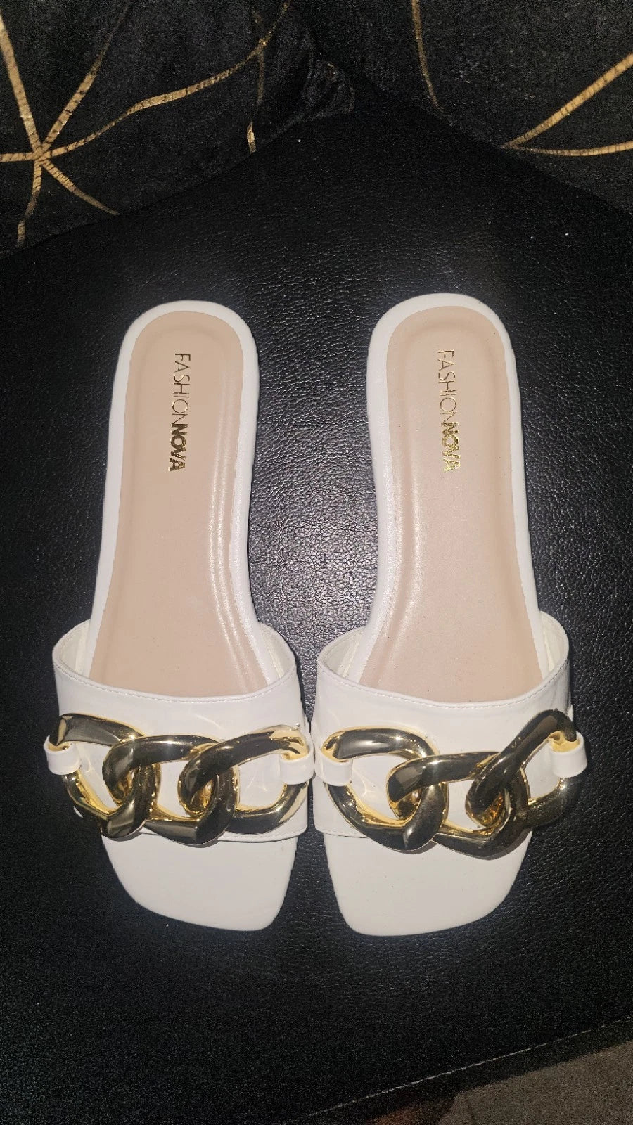 Fashion Nova White Slide Sandals with Gold Chain Detail