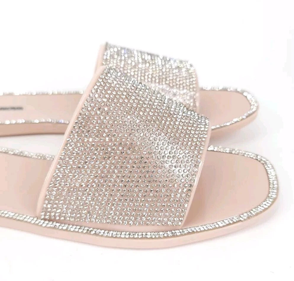 Fashion Nova Sandals Womens 10 w/ Box Flats Silver Rhinestones Slides Slip On