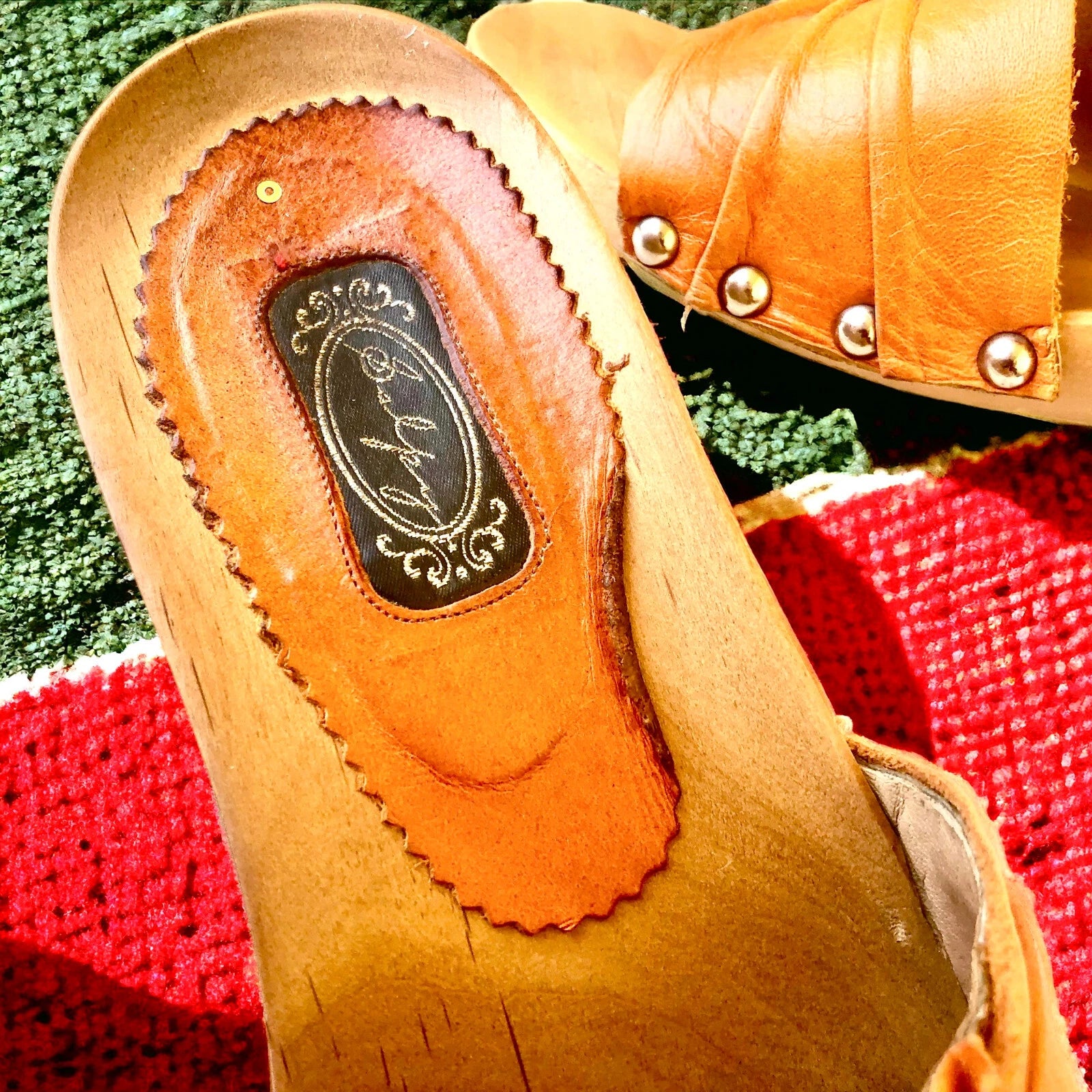 SALPY Handmade Shoes Orange Leather Wooden Mule Style Anna Womens size 7