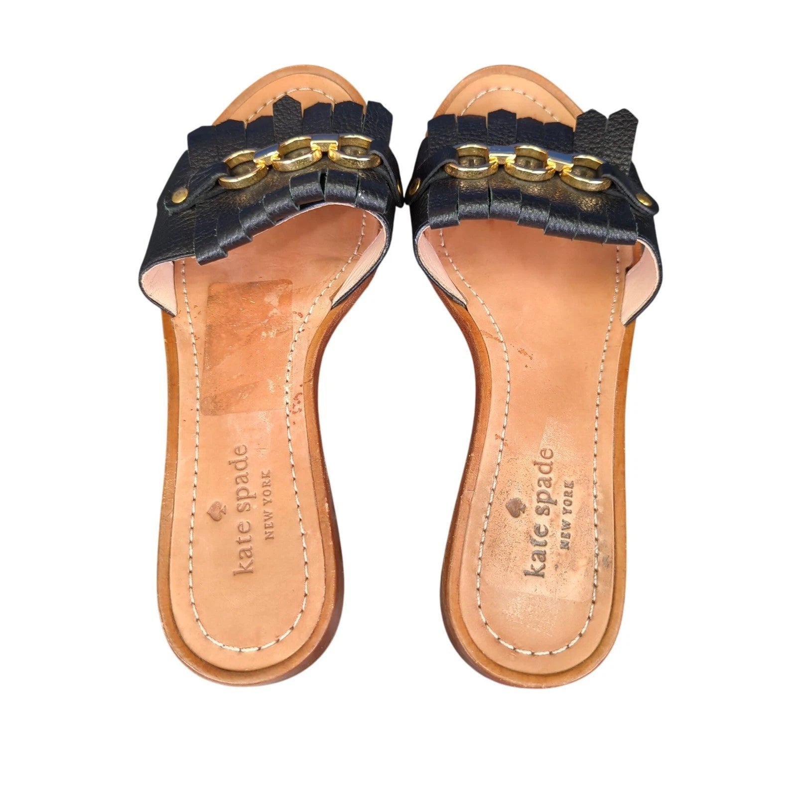 Kate Spade Brie Slide Sandals Black Leather Fringe Chain Size 6.5M Casual