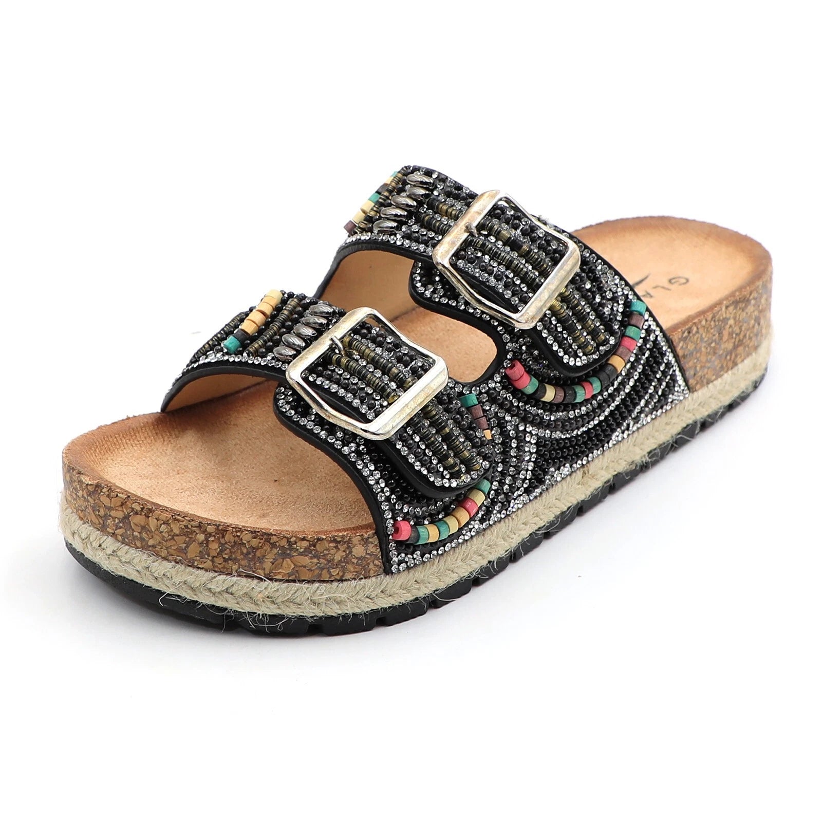 Glaze Women's Beaded Rhinestone Sandal Buckle Cork Footbed Slides Bohemian Style