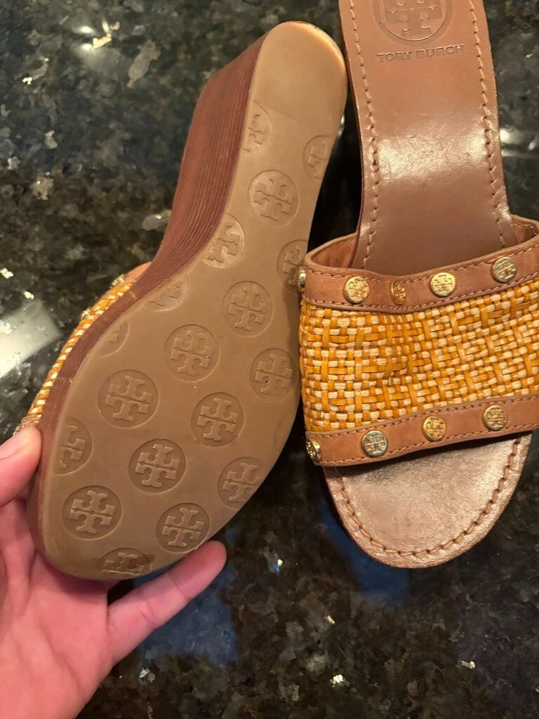 Tori Burch Summer Straw and Leather Wedge