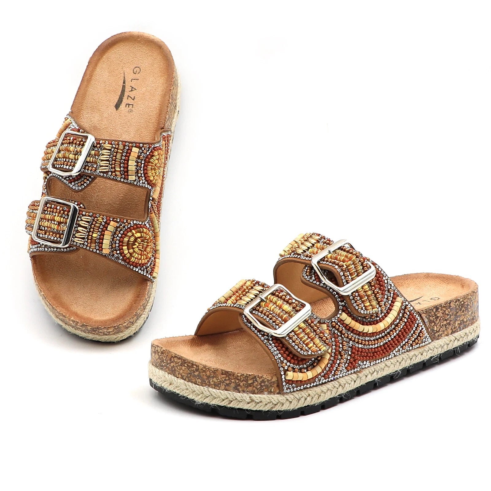 Glaze Women's Beaded Rhinestone Sandal Buckle Cork Footbed Slides Bohemian Style