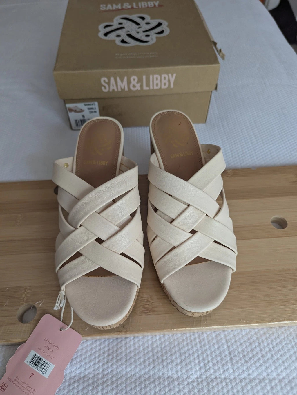 Sam & Libby Womens Cayla Ivory Faux Leather Cork Wedge Slide Size 7 Sandals