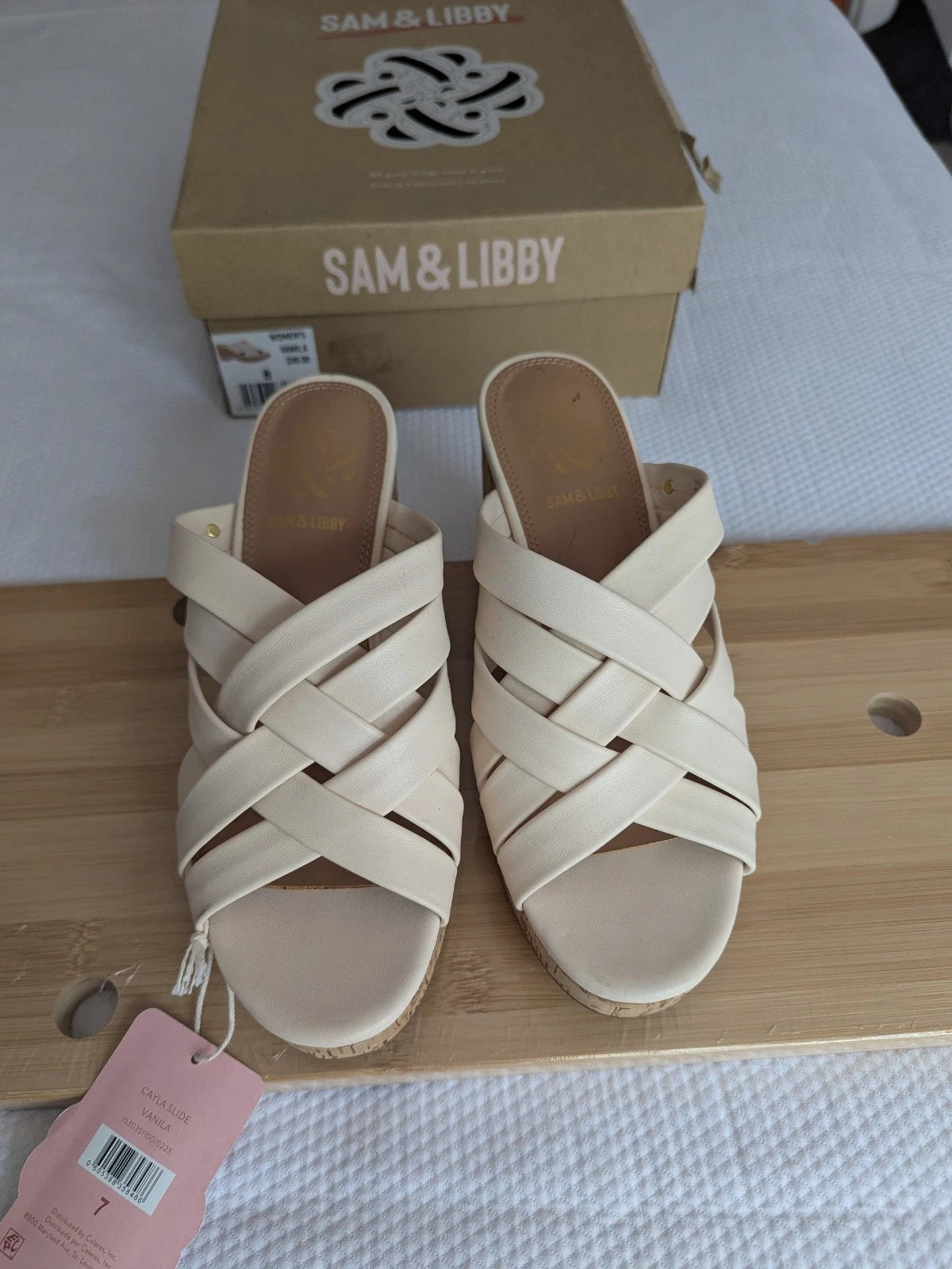 Sam & Libby Womens Cayla Ivory Faux Leather Cork Wedge Slide Size 7 Sandals