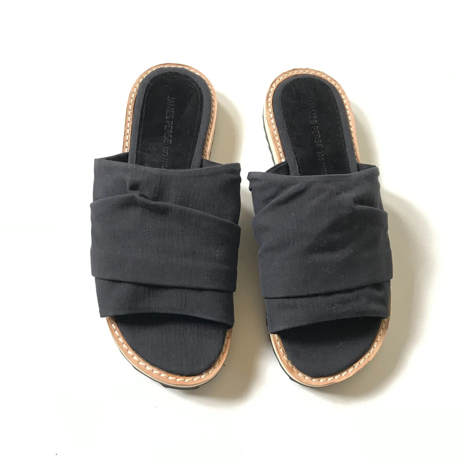 NEW James Perse Slides Sandals Mules Womens 6 Black Fabric Flats Open Toe Shoes