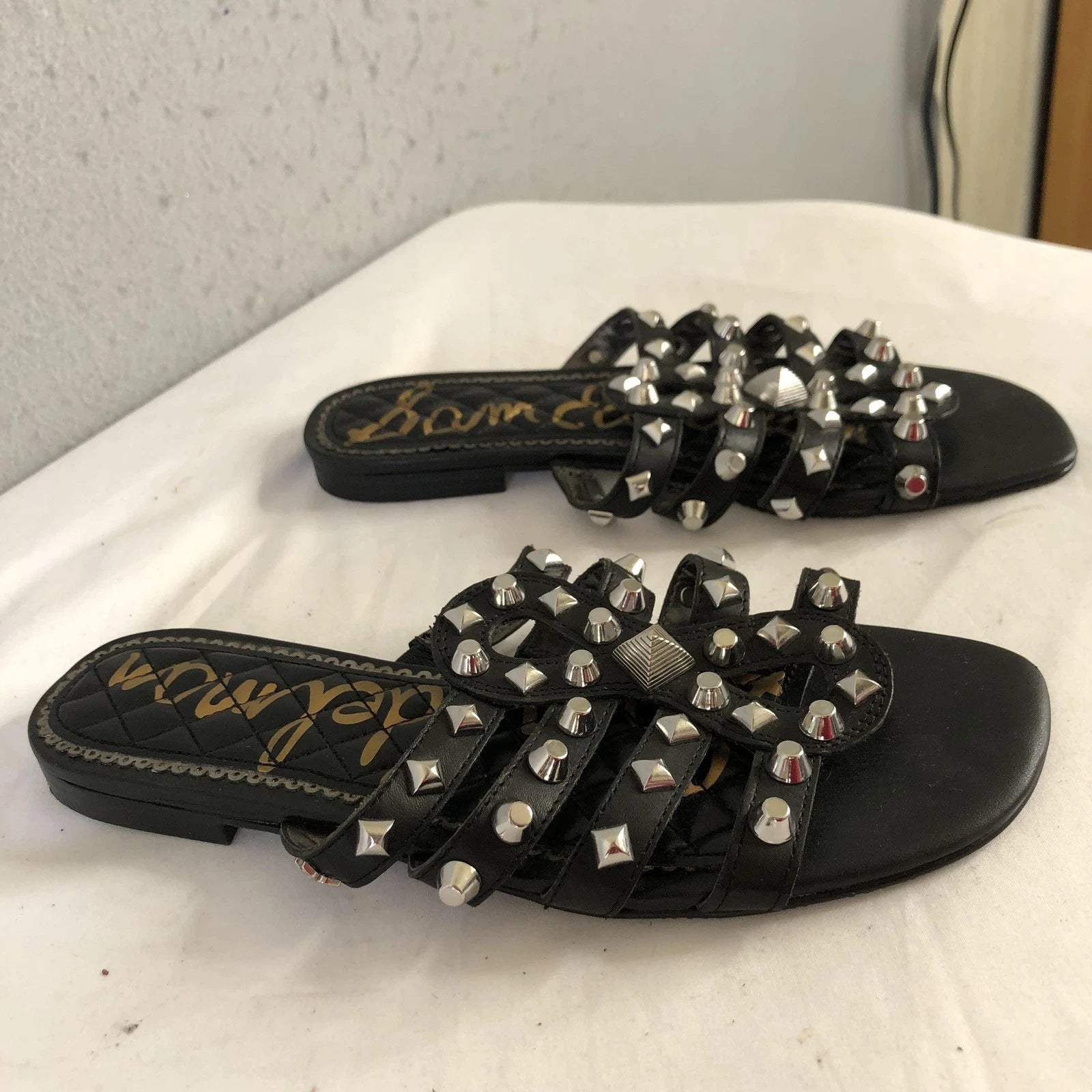 Sam Edelman Shoes Womens Size 7.5 Black Studded Leather Slides Sandals BEATRIS