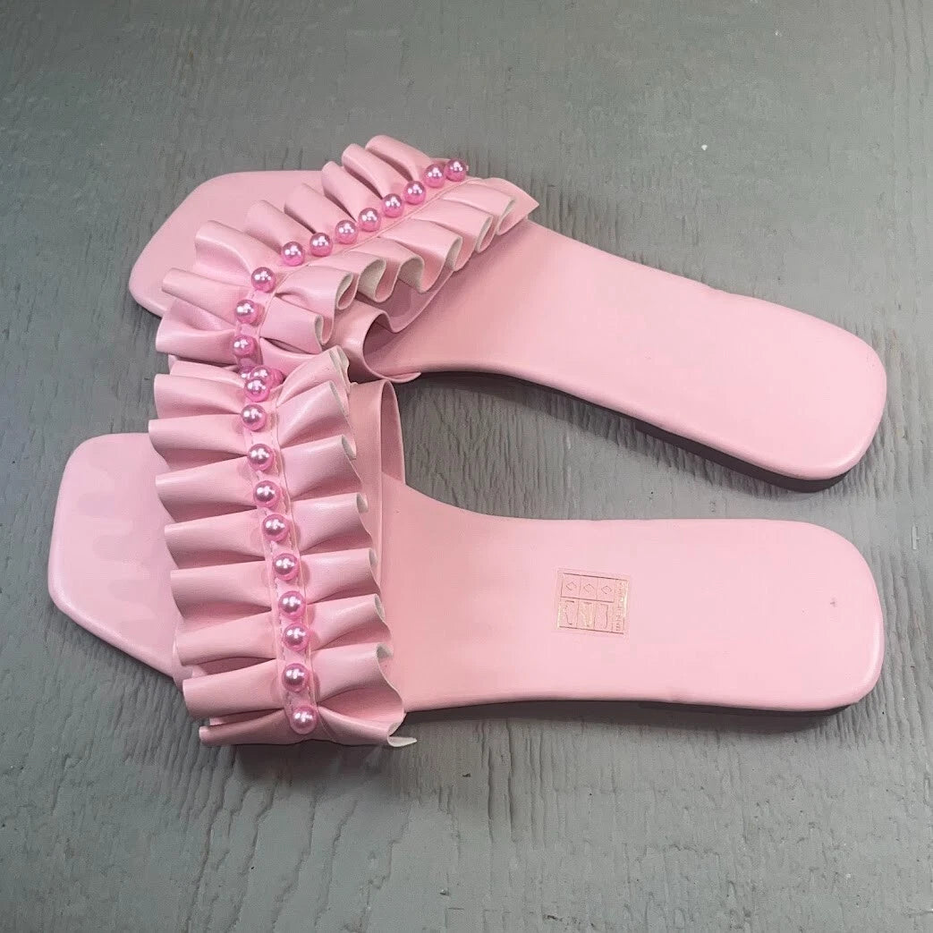 Women's Pearls Pink Ruffles Flat Dressy Sandals Fashion Square Toe Summer Beach
